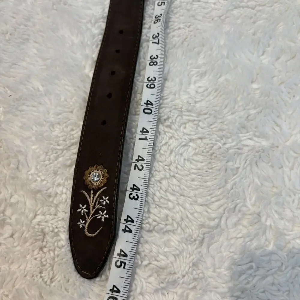 Womens Brown Leather Western Belt L/XL Rhinestone Studded Floral Buckle Cowgirl